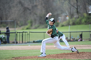 Senior Alec Romanowski throws down some heat in the Mustang's game against Widener University. (Photo by Sabina Moran)