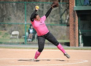 Sophomore Jasmyn Ogletree focuses on striking out her opponent during the Mustang's game against Washington College.