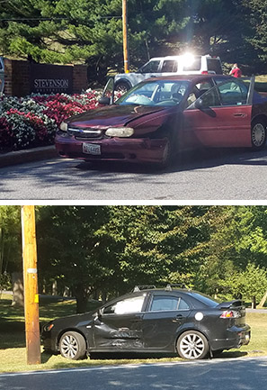 Two cars were involved in a Sept.22 crash at the Greenspring campus entrance. (Photos by Steven Thomas)