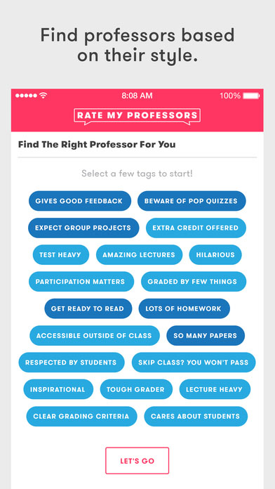 Students are able to filter professors based on character preferences. (Photo from itunes.apple.com)