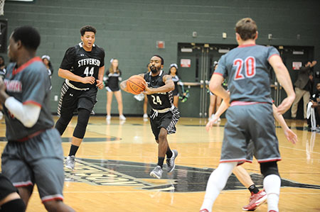 Stevenson men's basketball participated in Hoopsville taking on Lynchburg Friday night at Owings Mills gymnasium where the Hornets ran away with a 101-80 victory over the Mustangs.