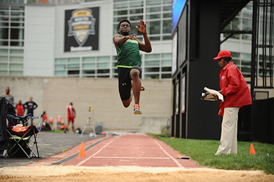 Junior Adam Diabagate competes in the long jump at the Towson University Invitational. (Photo by Sabina Moran)