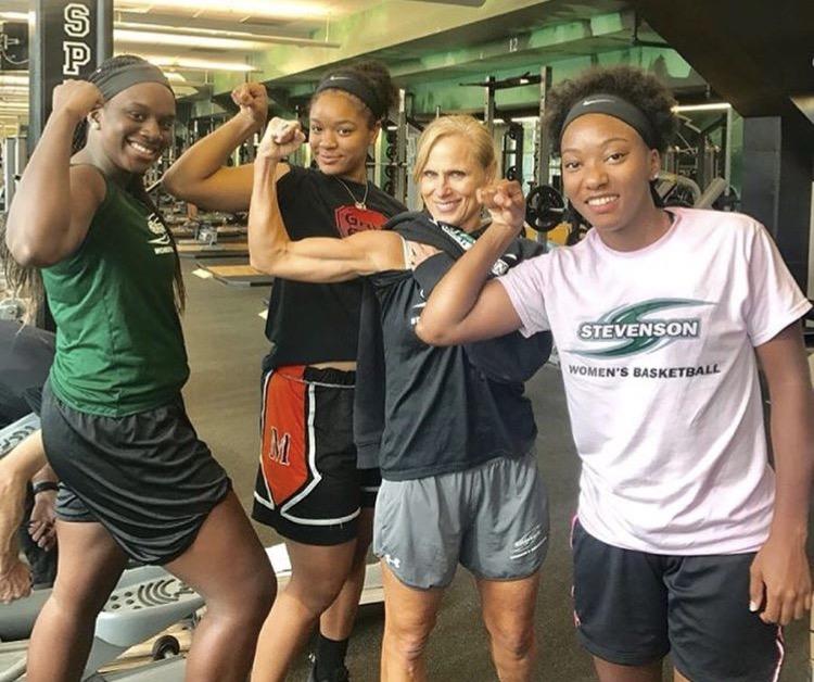 MC McFadden is shown above working out with the SU womens basketball team. (Courtesy of Stevenson womens basketball team Instagram page)