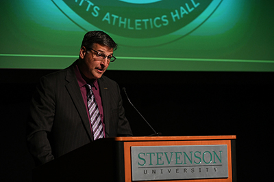 Brett Adams delivers a speech during the Stevenson University HOF banquet for the Class of 2017 Inductees. (Photo taken by Sabina Moran)
