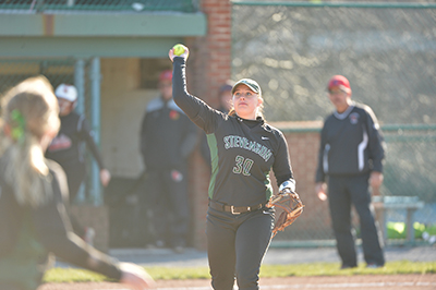 Sophomore Morghan Fulton delivers a pitch during the Mustangs 5-2 victory over Alvernia University on April 21. (Photo by Sabina Moran)