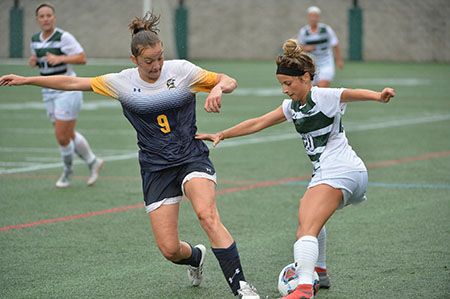 Sophomore, Allison Arters controls the ball in their contest against St. Mary's College of Maryland. (Photo by Sabina Moran)