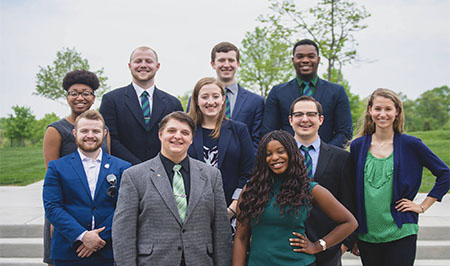 3rd row: Noah Connor, Vice President; Sam Morrison, Director of Finance; Dontae Thomas, Sophomore Class Representative. 2nd row: Nasa Holt, Senior Class Representative; Lauren Novsak, President; Anthony Plaag, Director of Diversity and Inclusion; Olivia Hare, Director of Public Relations and Alumni Outreach. 1st row: Daniel Habron, Speaker of the Senate; Joe Battiato, Director of Philanthropy; Yanelle Boayue, Junior Class Representative.
(Photo from SGA facebook page)