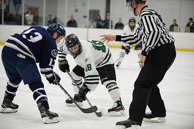 Senior Colton McMenamin in a face-off against Lebanon Valley College last season at Resistertown Sportplex. Mustangs won against the Dutchmen 7-1. (Photo by Sabina Moran) 