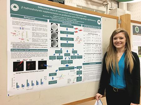 Biology major Angelica Lackey presents her research project at the SoS showcase in 2018. (Photo from Rebecca Burgess)