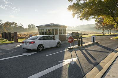 Campus security monitors the gate entrance at Owings Mills North. (Photo by Wornden Ly)