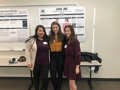 Dr. Tolers consumer behavior students, Yina Dong, Jessica Lewis, and Candace Kling, present their project on Lush Inc. during the 2018 SOBL showcase. 