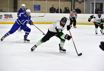 Stevenson Mustangs men's ice hockey loses 2 goal lead to fall 4-3 to Fredonia in OT on Friday evening at Reisterstown Sportsplex.