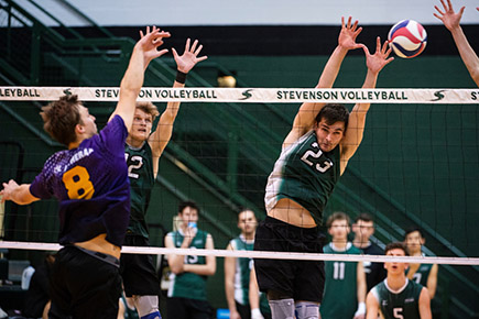 Stevenson men's volleyball take a 3-1win over Cal Lutheran with set scores of (15-25), (25-21), (21-25) and (17-25) on Friday night at Owings Mills gymnasium.