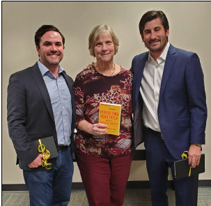 The annual Shapiro-Rouse lecture in 2019 included two prominent sports figures, Will Beatson (left) and Hunter McIntyre, who pose here with Rouse, who shares the lecture's title.