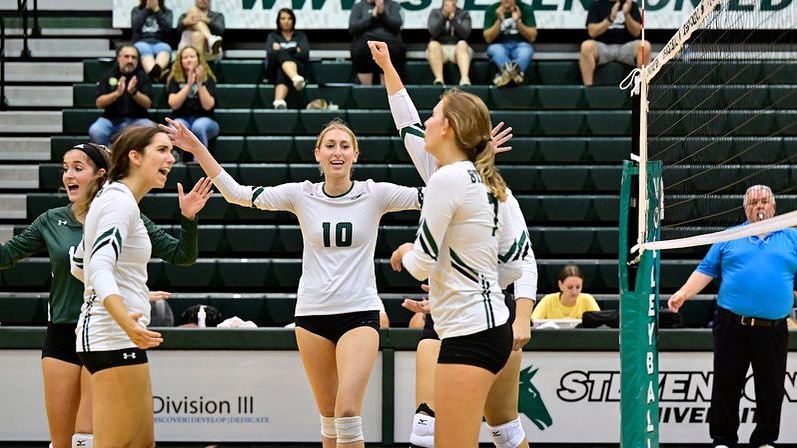Stevenson volleyball players compete in a match earlier this semester.