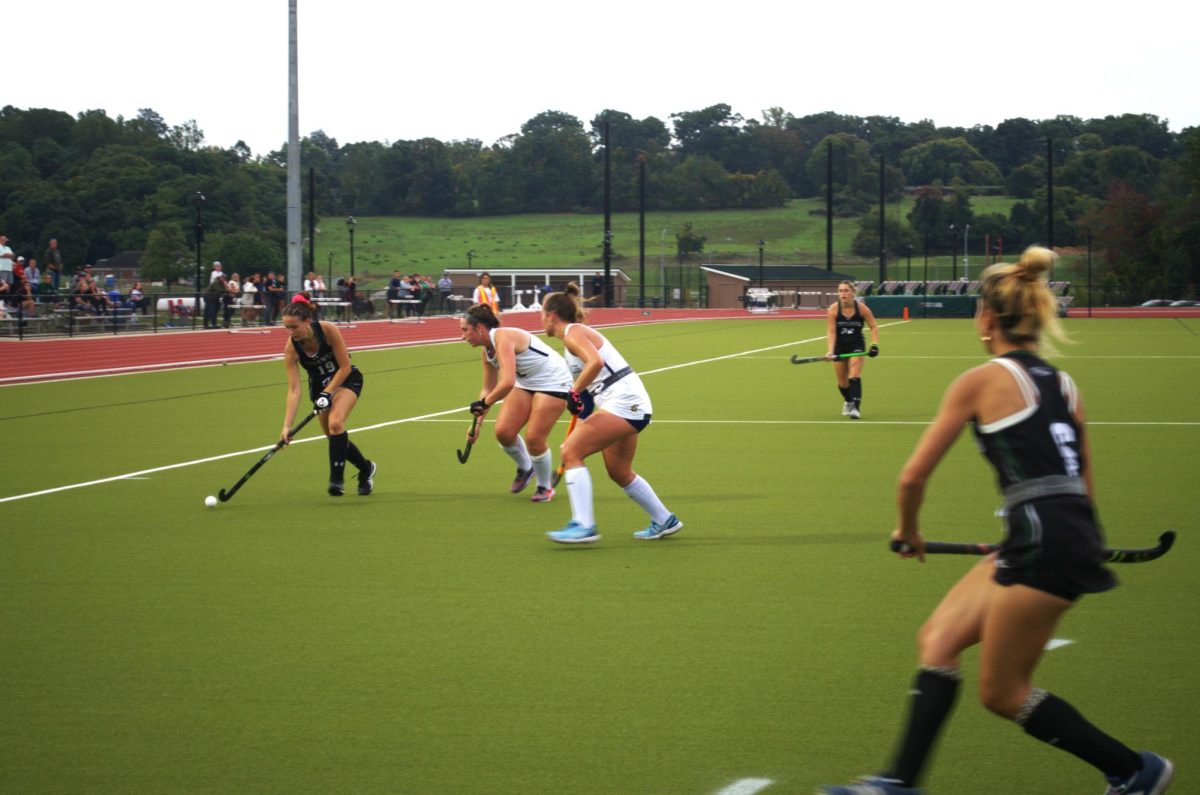 Third-year Emilie Rankin dribbles past the Mary Washington Seahawks.