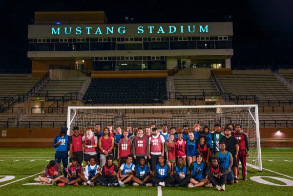 Students use the RunRec app to organize a game of soccer in the Mustang Stadium.