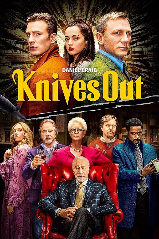 The official movie poster for "Knives Out", a thrilling mystery movie