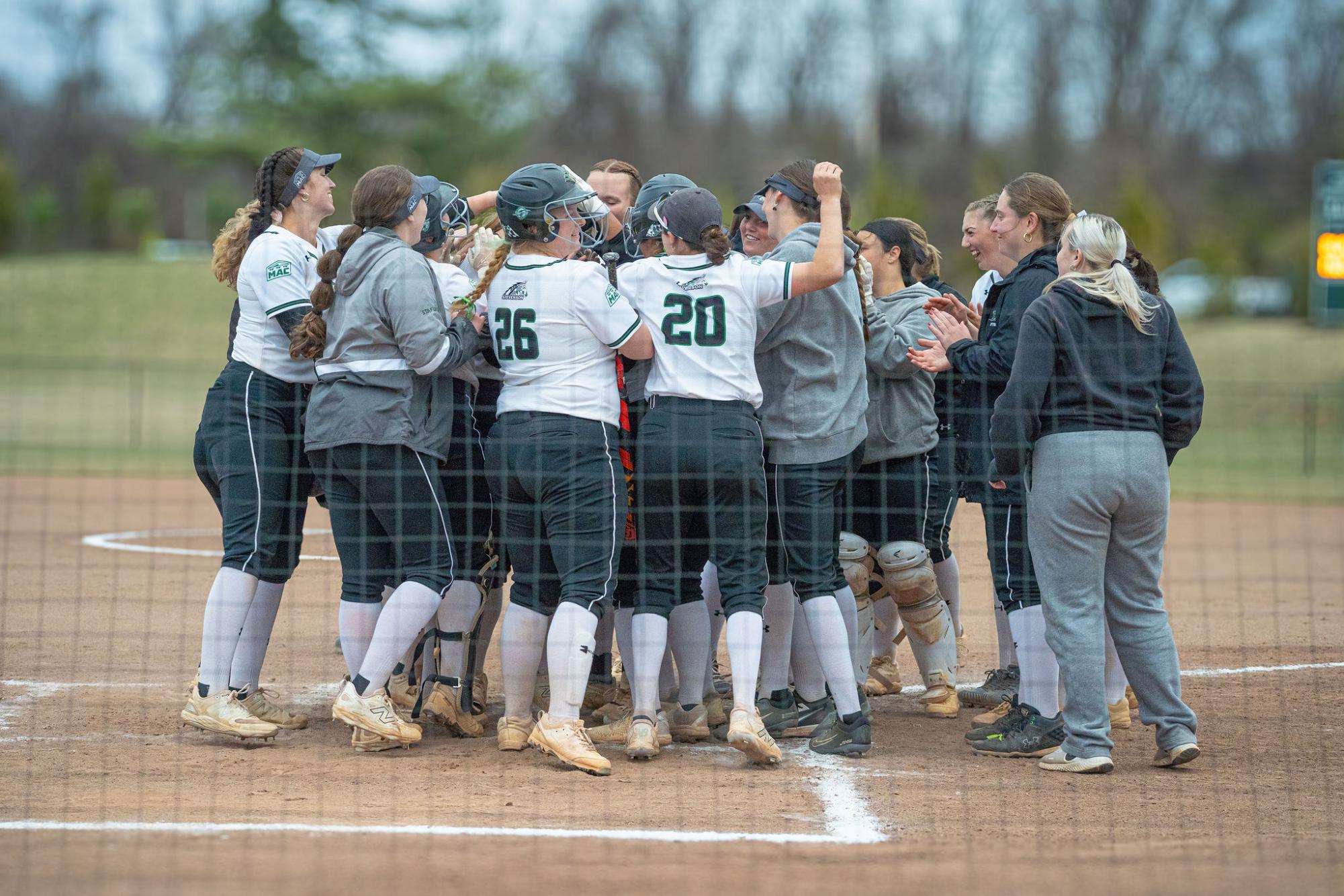 Softball celebrates after walking off MAC opponent Hood, they ended senior day by walking off Alvernia in nine innings. 