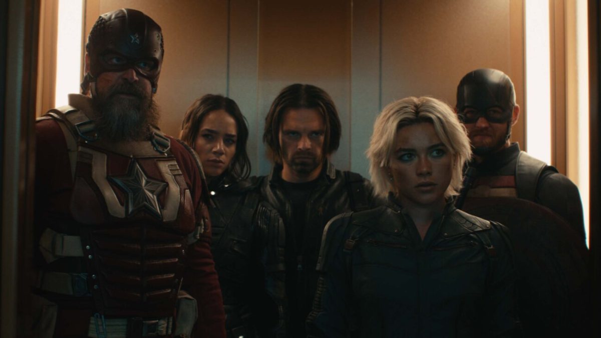 From left to right.
David Harbour as Red Guardian, Hannah John-Kamen as Ghost, Sebastian Stan as Winter Soldier, Florence Pugh as Black Widow, Wyatt Russel as US Agent