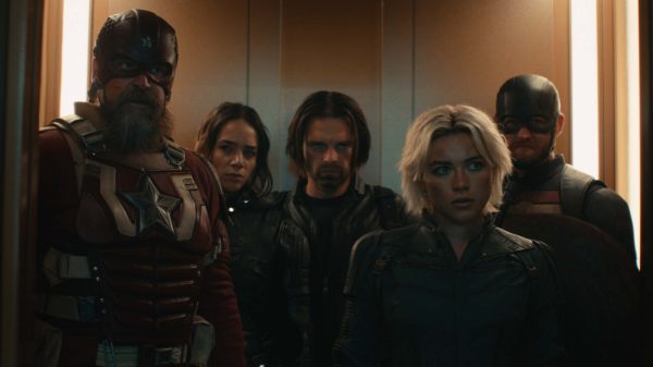 From left to right.
David Harbour as Red Guardian, Hannah John-Kamen as Ghost, Sebastian Stan as Winter Soldier, Florence Pugh as Black Widow, Wyatt Russel as US Agent